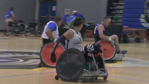 U.S. Air Force Warrior Games wheelchair rugby team hold practice game Stock Footage 106561057
