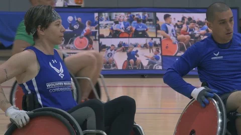 U.S. Air Force Warrior Games wheelchair rugby team hold practice game Stock Footage 106561073