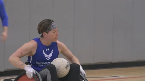 U.S. Air Force Warrior Games wheelchair team conduct rugby practice Stock Footage 106561110