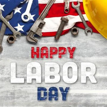 US American flag with work tools on worn white wooden background. For USA L.. Stock Photos