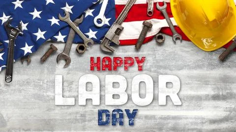 US American flag with work tools on worn white wooden background. For USA L.. Stock Photos