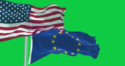 US and the EU flags waving isolated on green background Stock Footage 318391677