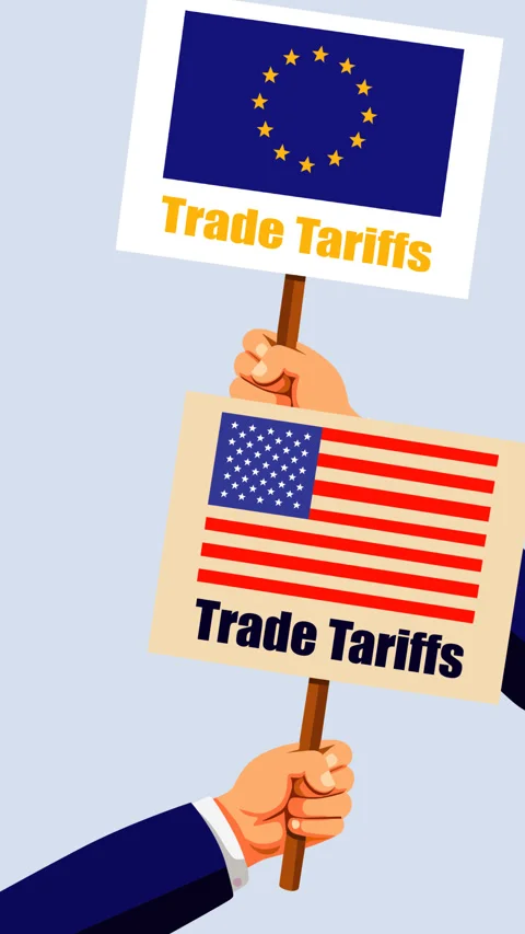 US and EU Trade Tariffs Economic Dispute Concept 스톡 동영상 331938638