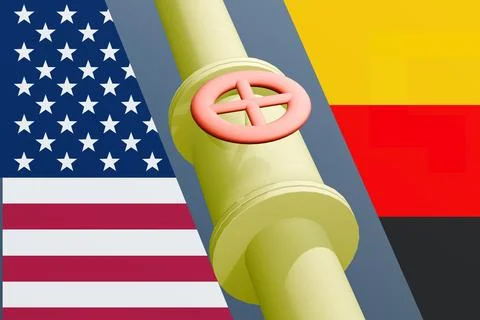 U.S. and German flag on the background of a natural gas supply pipe. Иллюстрация