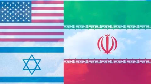 US and Israel flags versus Iran flag concept, geopolitical conflict and Middle E Stock Illustration