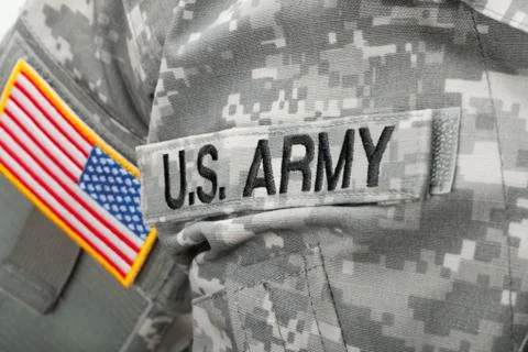 US Army and flag patch on solder's uniform 스톡 사진