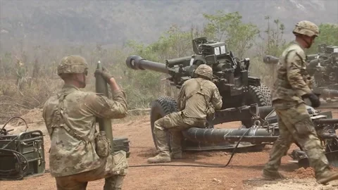 U.S. Army M119A3 Howitzers Direct Fire Practice Exercise 013 Stock Footage 162772492