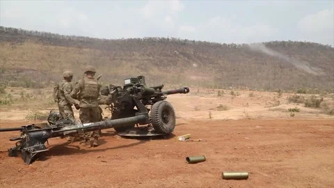 U.S. Army M119A3 Howitzers Direct Fire Practice Exercise 009 Stock Footage 162776760