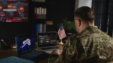 U.S. army officer collecting intelligence about Venezuela in command center Stock Footage 334670506