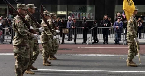 US Army Soldiers marching at veterans Day Parade in Manhattan, NYC Stock Footage 215888853