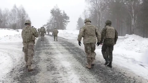 U.S. Army troops walking along snow covered road Stock-Footage 84409140