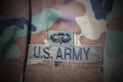 U.S. Army uniform chest patch close-up, showcasing camouflage pattern, insign Stock Photos