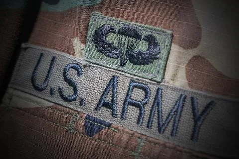 U.S. Army uniform close-up, showcasing durable military fabric texture, promi Stock Photos