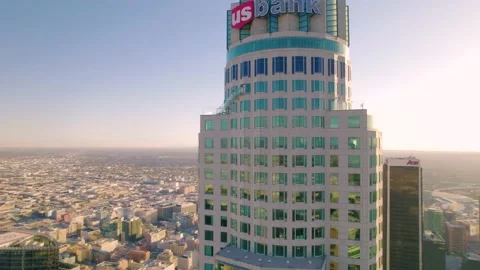 U.S. Bank Tower Upper Floors and Logo, Los Angeles Aerial Orbit, 4K Stock Footage 163604991