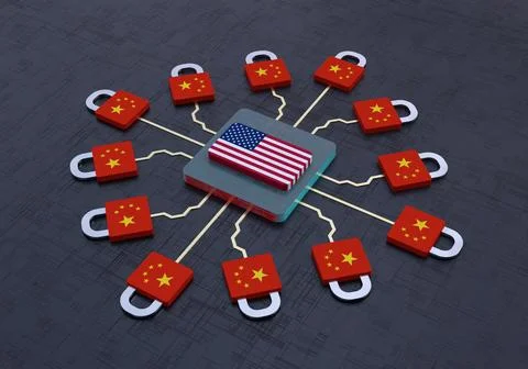US blocks China's electronic chip network Stock Illustration
