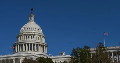The US Capitol Building Dome with Blue Sky, US Flags, West Front 20180305 Vidéo 86769309