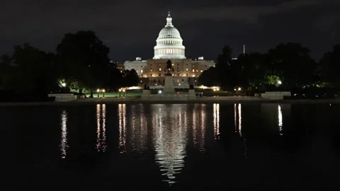 US Capitol Building at night reflected in pond Stock Footage 285636868