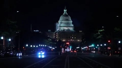 US Capitol Under Construction at night with Traffic Stock Footage