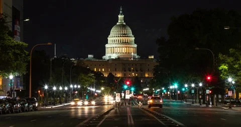 US Capitol in Washington DC night evening timelapse street cars lights Stock Footage
