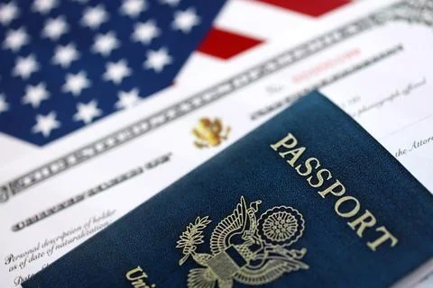 US Certificate of Naturalization with US flag and Passport Stock Photos