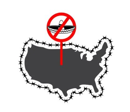 US closes border with Mexico. Stop sombrero. Map of America with barbed wir.. Stock Illustration