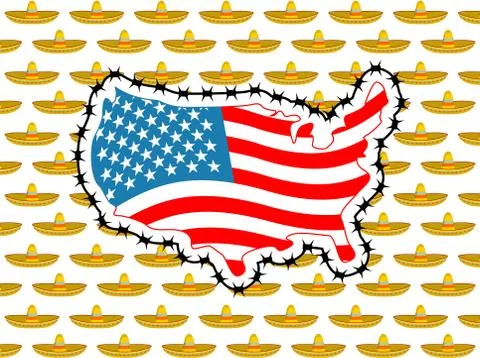 US closes border with Mexico. Stop sombrero. Map of America with barbed wir.. Stock-Illustration