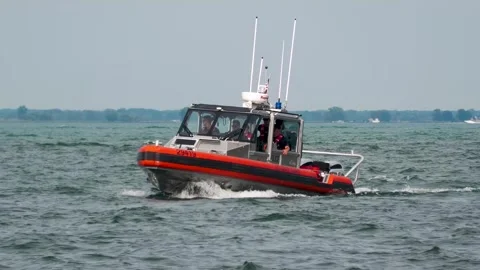 US Coast Guard 29 Foot Response Boat Small Slowly Approaching on Lake St Clair Stock Footage 343793165