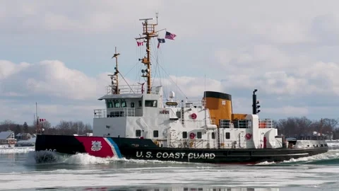 US Coast Guard Cutter Morro Bay on the St Clair River, Ship Horn, Close-Up Stock Footage 343961814