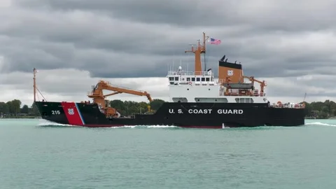 US Coast Guard Cutter Sequoia on the St Clair River, Close-Up Side View Stock Footage 343960124