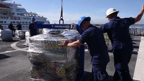 U.S. Coast Guard directing crane operator on lifting pallet of cocaine  Stock Footage 85052706