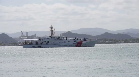 US Coast Guard light high speed cutter patrolling on harbor. Stock Footage 59529015