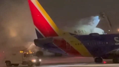 US: De-Icing Crews Race Against Winter Cold As Jet Prepares For Takeoff I... Stock Footage 326825838
