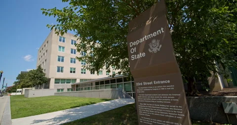 US Department of State Building, Washington D.C. sign on Westside Stock Footage 138824749