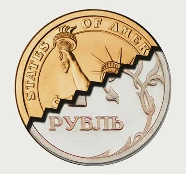 US Dollar and Russian Ruble coin. Photo Manipulation Art. Stock Illustration