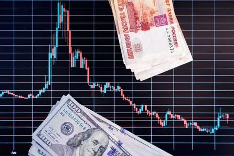 US dollar and russian ruble banknote stacks over digital screen with exchange Фото