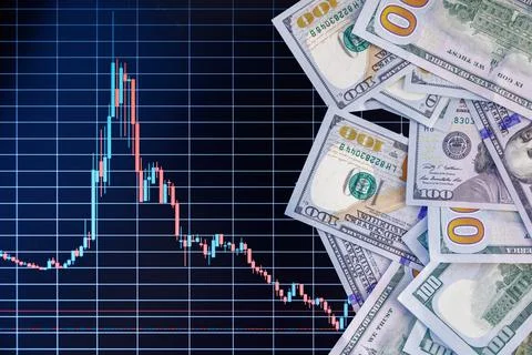 US dollar banknote stacks over digital screen with exchange chart, depreciation Stock Photos