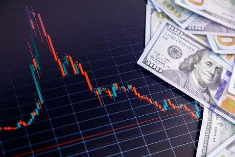US dollar banknote stacks over digital screen with exchange chart, depreciation Photos
