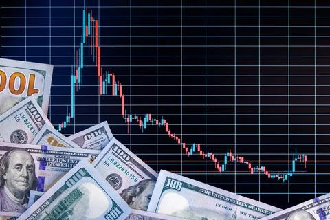 US dollar banknote stacks over digital screen with exchange chart, deprecia.. Fotos Stock
