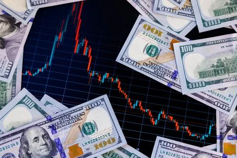 US dollar banknote stacks over digital screen with exchange chart, deprecia.. Fotos Stock