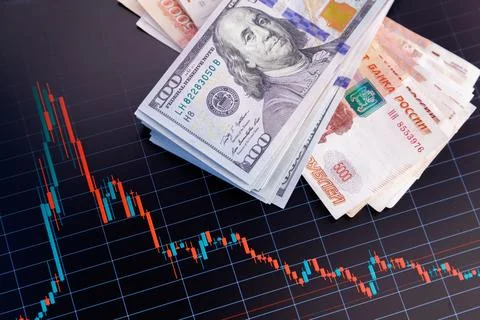 US dollar banknotes over digital screen with exchange chart, depreciation and 库存照片