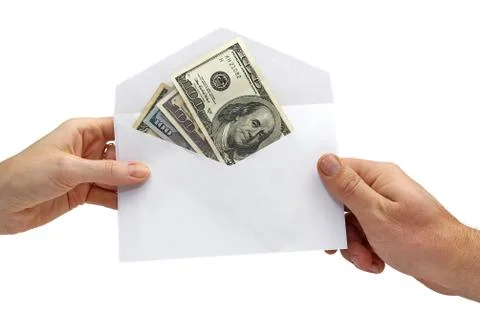 Us dollar banknotes in white envelope on white background. concept of bribe,  Stock Photos
