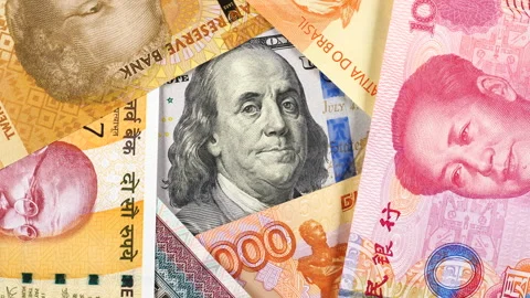 US dollar bill against BRICS currencies. USA dollar vs BRICS common money Stock Footage 300895392