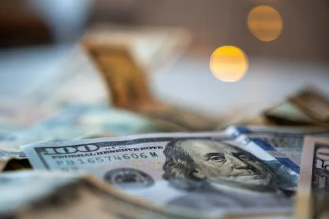 US Dollar Bills Macro Shot: Money with Bokeh Lights Stock Photos