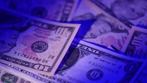 US dollar. Closeup currency counting machine counting dollar banknotes. Closeup Stock Footage 176874299