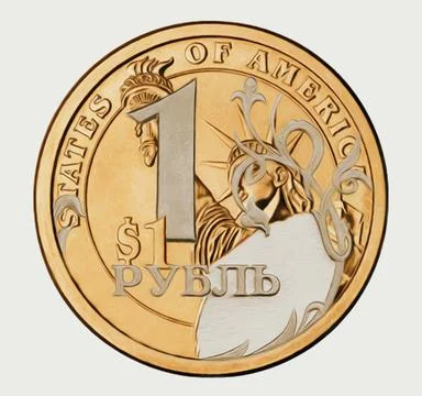 US Dollar to Russian Ruble coin. Photo Manipulation Art. Stock Illustration