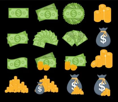 US Dollar Stack Paper Banknotes and Gold Coins Icon Sign Collect Illustrazione stock