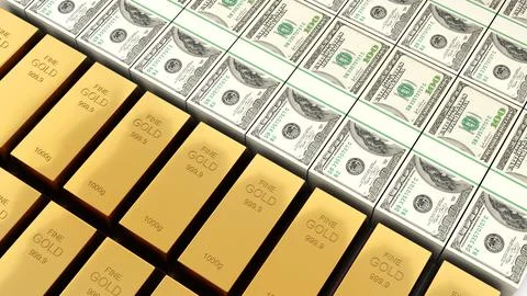 US Dollars and Commodities Gold,gold vs cash comparison,investment economy,3d 스톡 일러스트