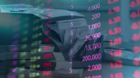 US Dollars in Counting Machine with Financial Data Overlay Stock Footage 336757505