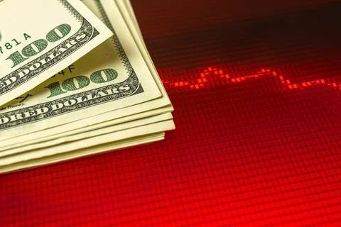 US dollars devaluation crisis concept with red stock chart background, copy s Foto stock