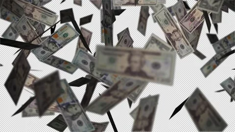 US Dollars Falling on Black with Luma Matte full hd closeup. Selective focus Stock Footage 230708080